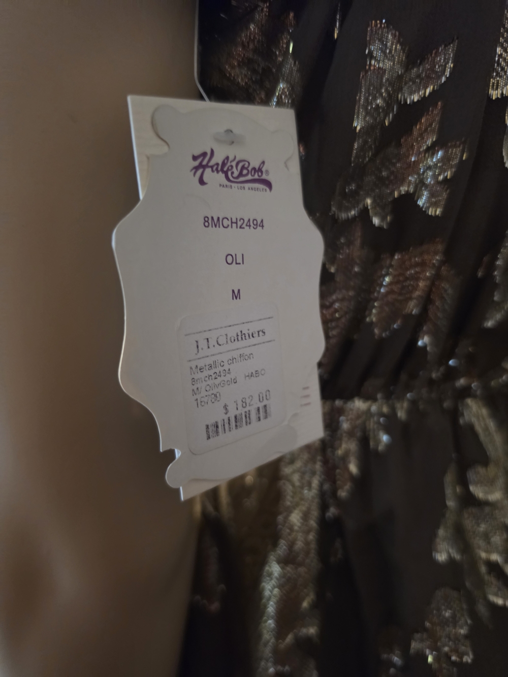 NWT Hale Bob Metallic Gold Olive Floral Babydoll Bow Top M - Picture 6 of 7